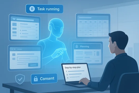 A person uses a laptop to view a step-by-step plan while an AI assistant guides a planning session.