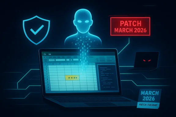 Cybersecurity illustration showing Patch Tuesday March 2026, with a hacker silhouette, shield, and laptop.