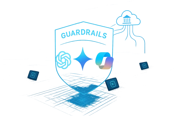 A glowing blue GuardRails shield symbolizes cloud security with a rainbow ribbon and floating icons.