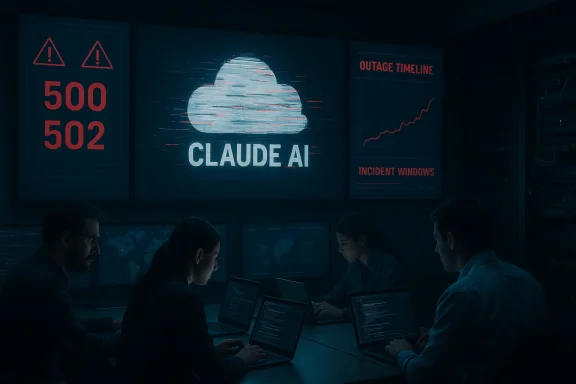 Team monitors Claude AI outage dashboard with 500/502 errors.