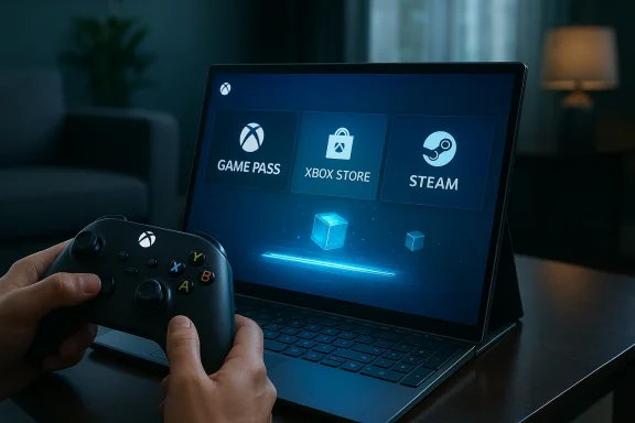 A person holds an Xbox controller as a laptop screen shows Game Pass, Xbox Store, and Steam.