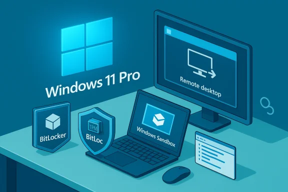 Windows 11 Pro workspace featuring BitLocker, TPM security, Windows Sandbox, and Remote Desktop.