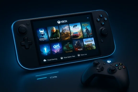 A neon-blue Xbox handheld console shows a game library with a wireless controller nearby.