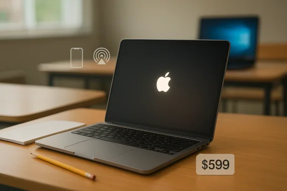 MacBook laptop on a classroom desk with a $599 price tag.