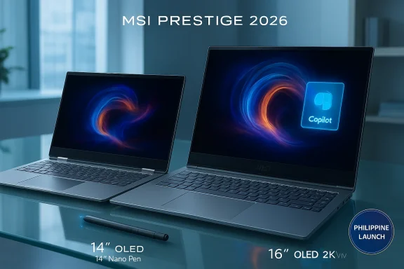 MSI Prestige 2026 laptops on a glass desk: 14-inch OLED Nano Pen and 16-inch OLED 2K (Philippine launch).