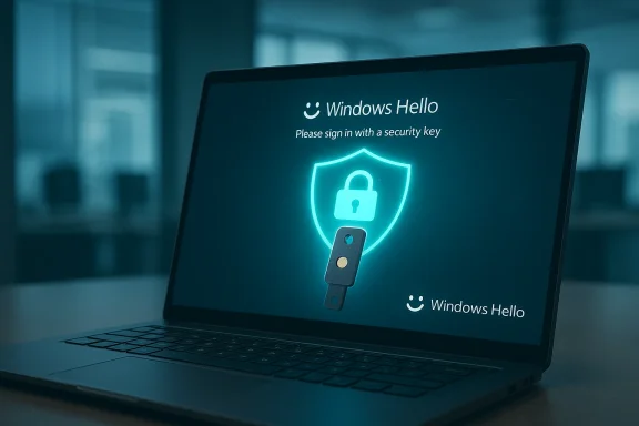 Windows Hello sign-in on a laptop using a security key.