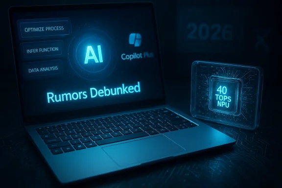 Neon-blue AI dashboard on a laptop displays “Rumors Debunked” with a 40 TOPS NPU chip.