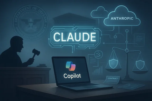 Courtroom scene with a gavel and a glowing CLAUDE AI display above a Copilot laptop.