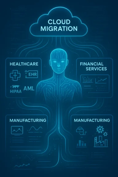 Neon blueprint of cloud migration linking healthcare, financial services, and manufacturing.