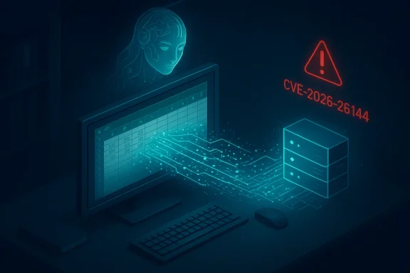 Futuristic cybersecurity scene: AI hologram above a monitor transmits data to a server under a CVE warning.