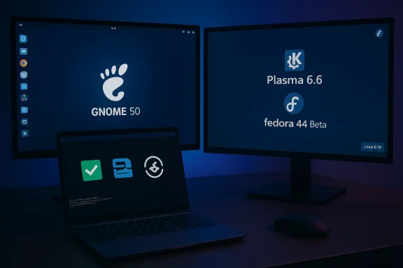 A Linux desktop setup with GNOME 50 on the left and KDE Plasma 6.6 plus Fedora 44 Beta on the right.