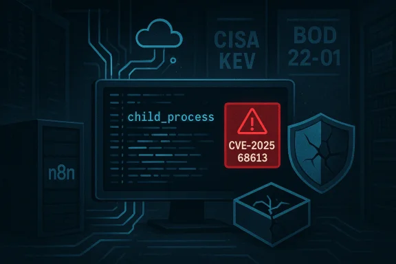 A monitor displays 'child_process' code and a red CVE-2025-68613 warning.
