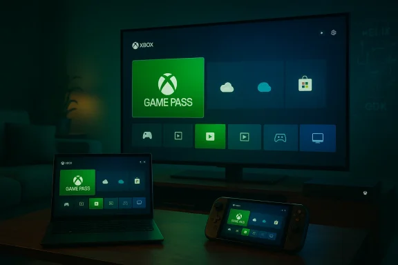 Xbox Game Pass displayed across TV, laptop, and handheld console in a living room.