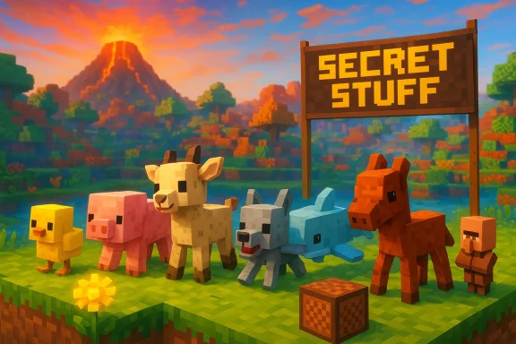 Blocky voxel animals stand before a SECRET STUFF sign in a colorful sunset world.