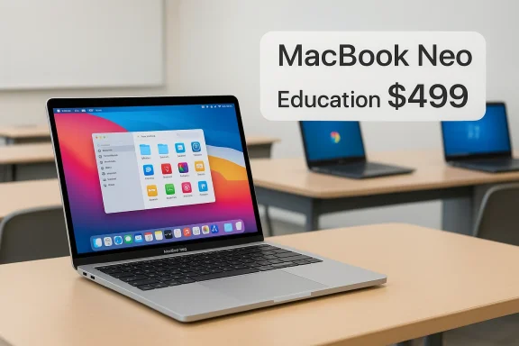 MacBook Neo on a classroom desk with an Education $499 sign in the background.