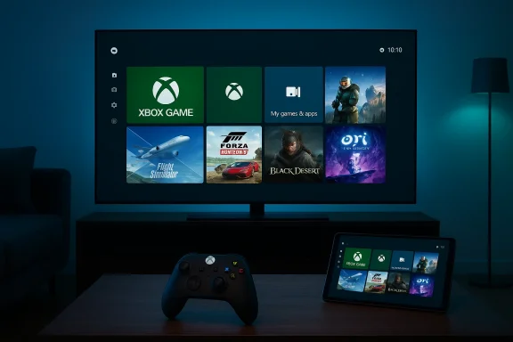 Xbox gaming setup with a large screen, game tiles, a controller, and a tablet showing the UI.
