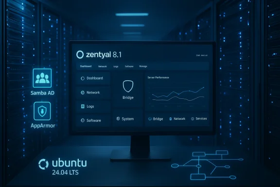 A server room with a monitor showing Zentyal 8.1 dashboard, Samba AD, AppArmor and Ubuntu 24.04 LTS branding.
