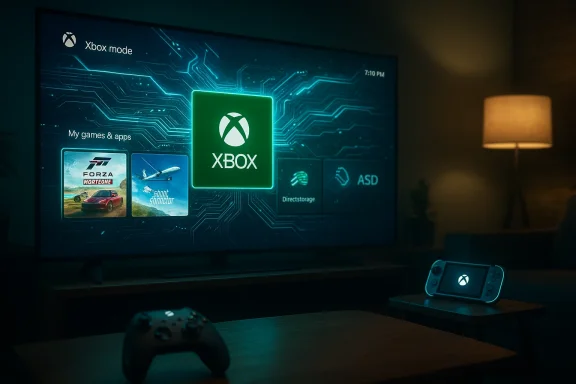 Cozy living room with a large TV showing Xbox mode UI and an illuminated Xbox controller on the coffee table.