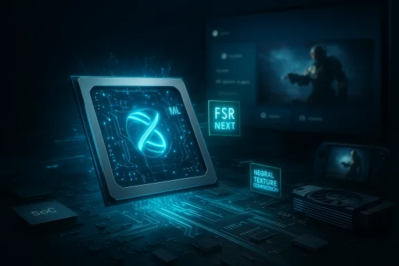 A futuristic blue AI/ML microchip on a circuit board with neon-lit labels.