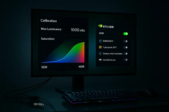 Dim desk with a monitor showing HDR calibration and an RTX HDR game list.