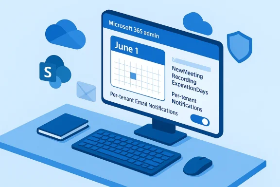 Blue computer setup showing a Microsoft 365 admin dashboard with calendar and alerts.