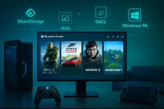 Xbox gaming desk with monitor showing Halo Infinite, Forza Horizon 4, Gears 5, and Minecraft.