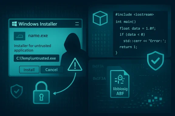A Windows Installer dialog for an untrusted executable, with security icons and code.