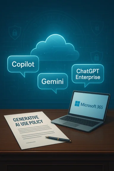 Generative AI use policy on a desk with a Microsoft 365 laptop, featuring Copilot, Gemini, and ChatGPT Enterprise.