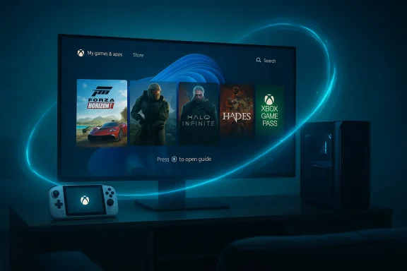 Xbox gaming setup: monitor shows Forza Horizon, Halo Infinite, Hades, and Xbox Game Pass.
