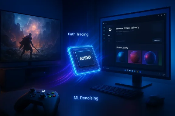 Futuristic gaming setup showcasing AMD tech: path tracing, ML denoising, and shader delivery.