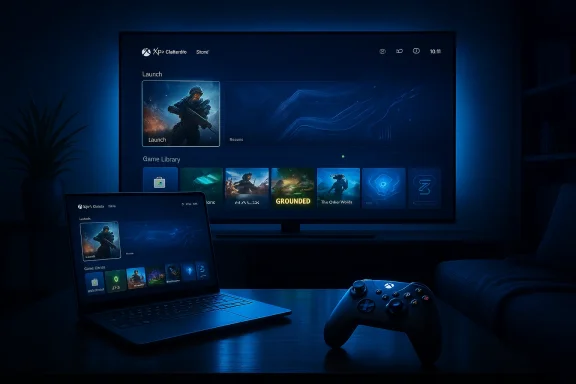 Blue-lit living room gaming setup with a large screen, laptop, and controller.