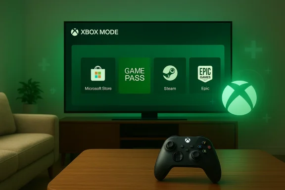 Green Xbox Mode UI on a TV showing Microsoft Store, Game Pass, Steam, and Epic, with a controller on the table.