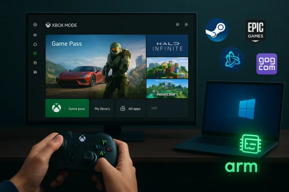 Xbox Game Pass interface on a large monitor, with a gamepad in hand and an ARM-powered PC setup nearby.