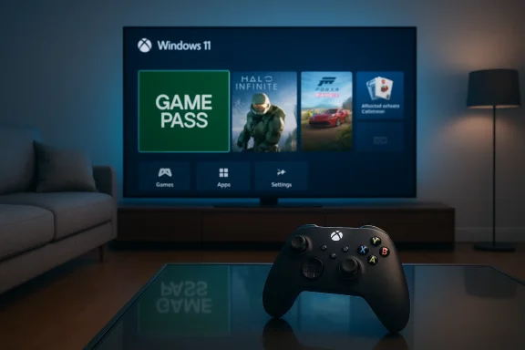 Dimly lit living room with Windows 11 dashboard on a large TV and an Xbox controller on a glass coffee table.