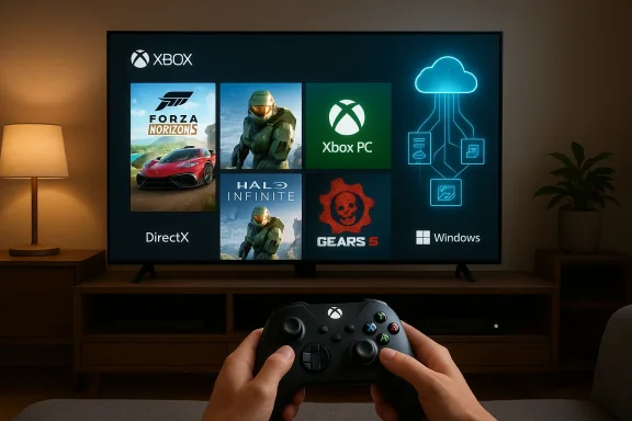A person holds an Xbox controller while the Xbox home screen is displayed on a large TV.