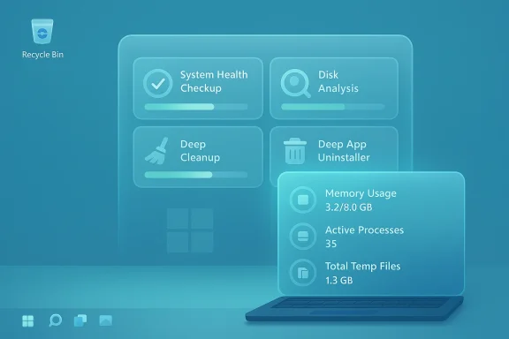 Blue futuristic computer dashboard with system health, disk analysis, cleanup tools, and laptop metrics.