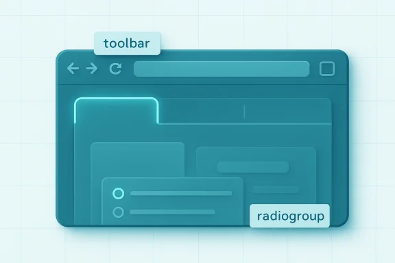 Teal UI mockup of a web browser window with a labeled toolbar and a radiogroup.