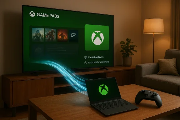 Cozy living room with Xbox Game Pass on a large TV, a laptop displaying the Xbox logo, and a gamepad.