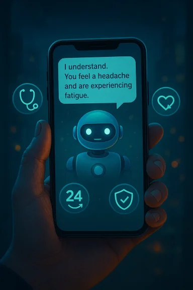 A hand holding a phone shows a chatbot robot giving health advice about headache and fatigue.