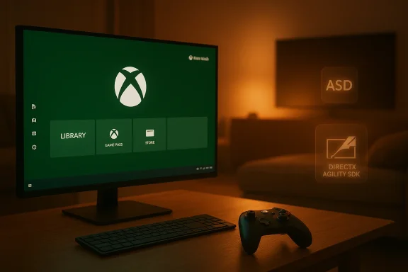 Xbox dashboard on a PC setup: monitor, keyboard, and controller on a wooden desk with warm lighting.