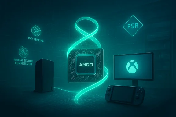 A neon AMD processor centerpiece glowing with ray tracing and FSR, beside a PC, Xbox monitor, and handheld console.