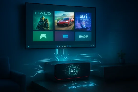 Futuristic living room with a wall-mounted screen showing game thumbnails and a glowing SoC box emitting neon circuitry.