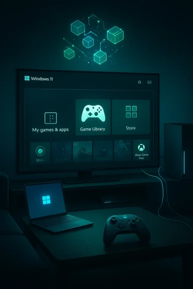 Futuristic gaming setup with Windows 11 on a large monitor, laptop, and a game controller.