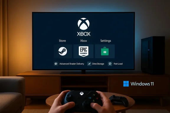 A living room with a large TV displaying Xbox dashboard and a person gaming with a controller.