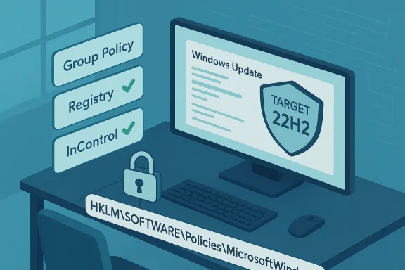 Desktop shows Windows policy controls (Group Policy, Registry) with a Windows Update shield.