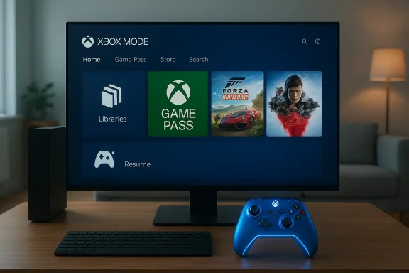A gaming setup with a large monitor showing Xbox Mode tiles and a glowing blue Xbox controller.
