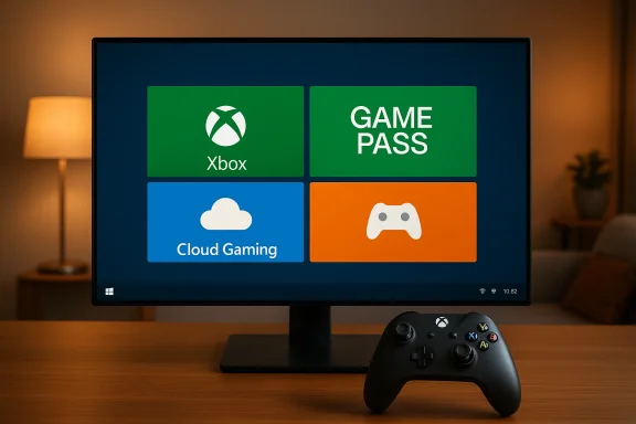 A monitor displays Xbox Game Pass tiles with a game controller on the desk.