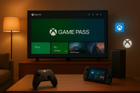 Cozy living room with a large TV displaying Xbox Game Pass and controllers on a coffee table.