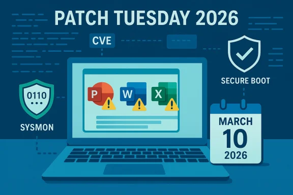 Patch Tuesday 2026: a cybersecurity update with CVE alerts displayed on a laptop.