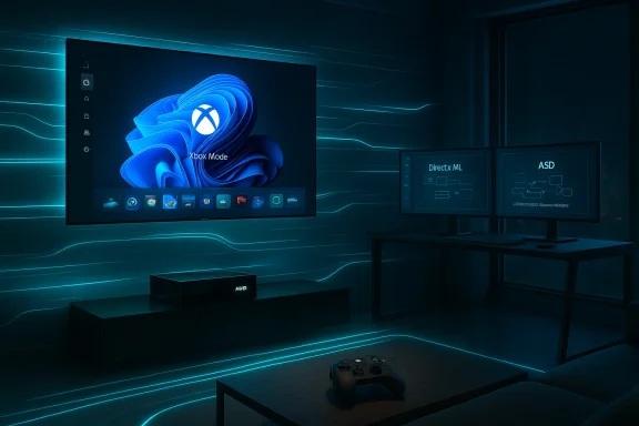 Futuristic gaming room with a large wall screen showing Xbox Mode, blue neon lines, dual monitors, and a controller on a coffee table.